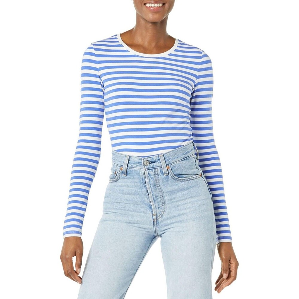 Amazon Essentials Women's Regular-Fit Long-Sleeve Small, Blue/White Stripe